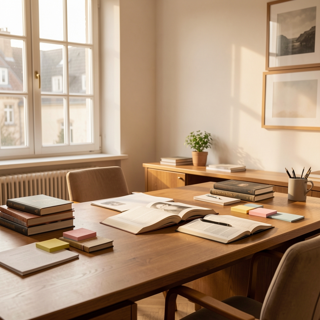 Helles ruhiges Arbeitszimmer mit Schreibtisch, aufgeschlagenen Büchern und Notizblöcken, warmes natürliches Licht fällt durch ein großes Fenster, sachliche und ruhige Atmosphäre