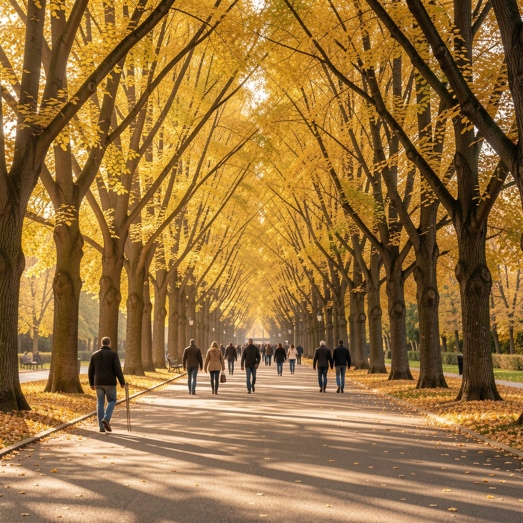 Herbstlicher Stadtpark mit goldenem Laubwerk, Menschen gehen auf einem breiten Weg zwischen alten Bäumen, weiches nachmittägliches Licht filtert durch das Blätterdach