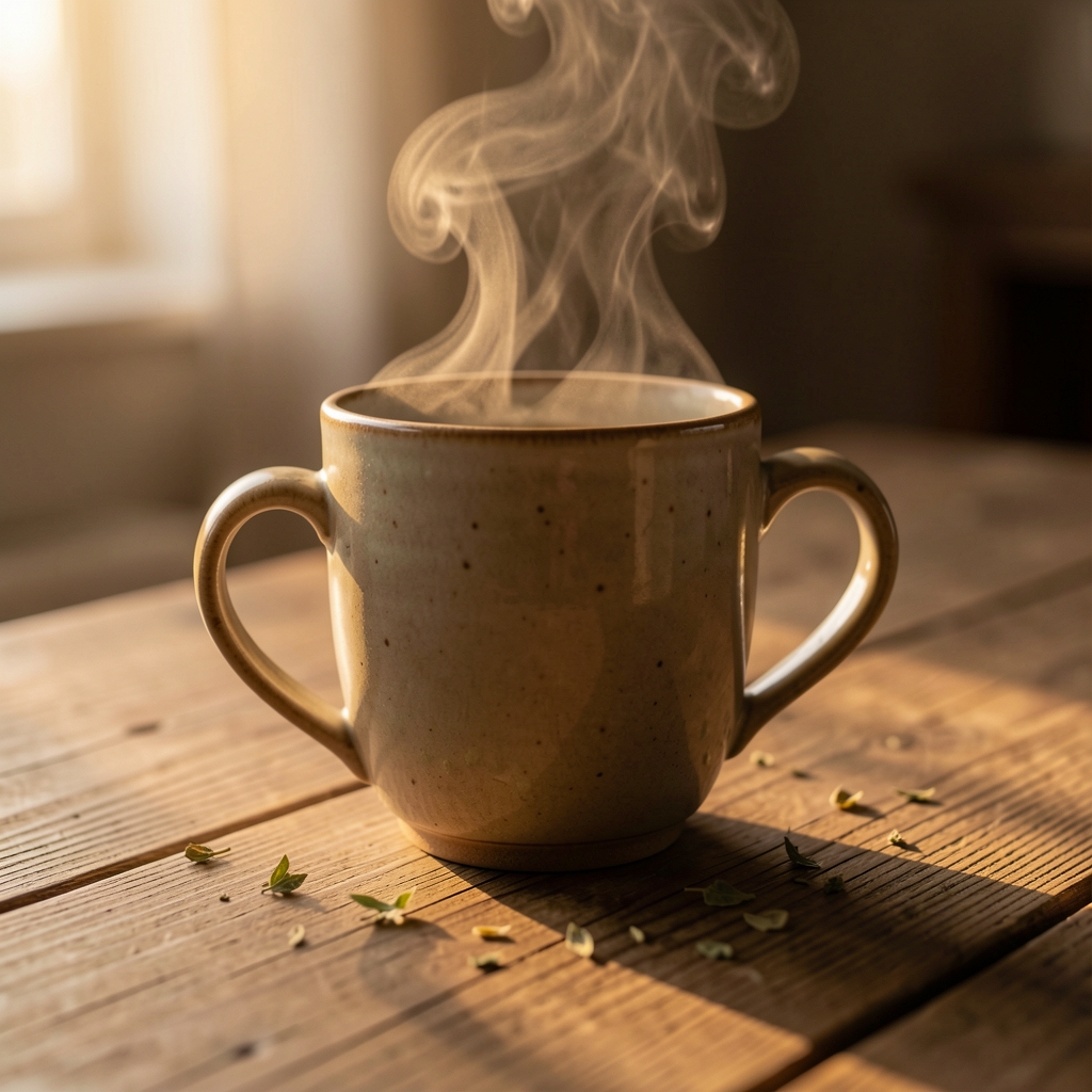 Nahaufnahme einer Tasse Kräutertee auf einem Holztisch im warmen Abendlicht, ruhige Stimmung, Dampf steigt auf, gedämpfte Farben