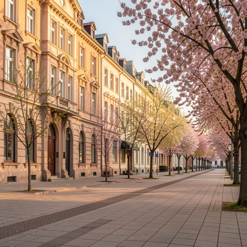 Ruhige Berliner Straßenszene mit historischen Gründerzeit-Fassaden, Bäume in Frühlingsblüte entlang eines breiten Bürgersteigs, warmes Nachmittagslicht