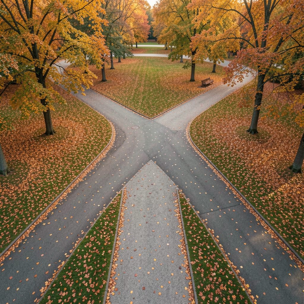 Draufsicht auf zwei unterschiedliche Wege die sich kreuzen in einem Park mit Herbstlaub, symmetrische Komposition, ruhige Stimmung, niemand zu sehen