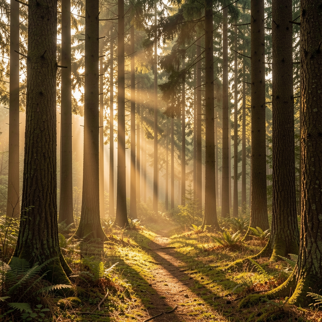 Neblige Waldlandschaft im warmen Morgenlicht, hohe Bäume werfen lange Schatten auf einen stillen Waldboden, atmosphärisch und kontemplativ
