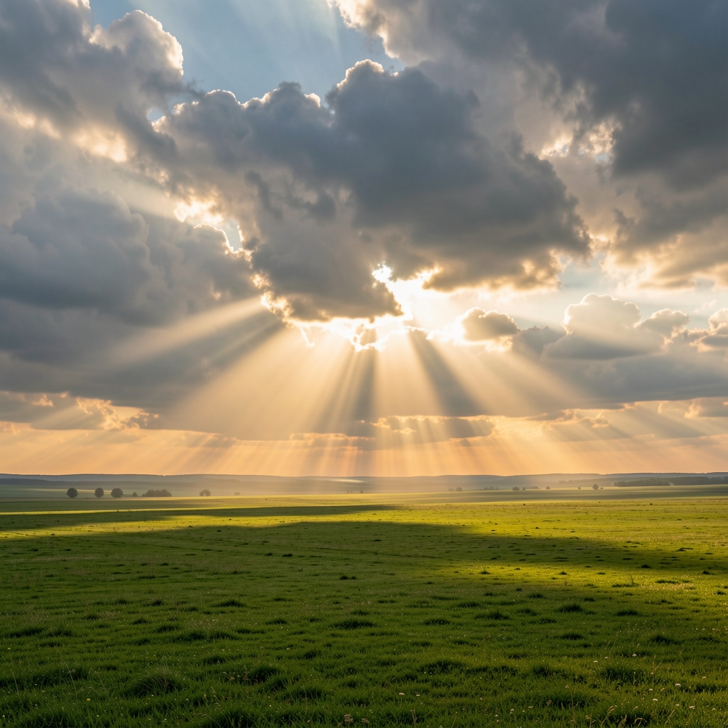 Sonnenlicht bricht durch dichte Wolken über einer weiten Landschaft, goldene Lichtstrahlen fallen auf eine stille grüne Ebene, dramatische Lichtatmosphäre