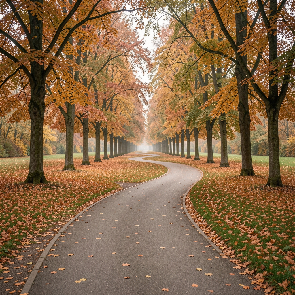 Zwei verschlungene Wege kreuzen sich in einem herbstlichen Park, Bäume beidseitig, Perspektivlinien führen in die Tiefe, weiches diffuses Licht, niemand auf den Wegen