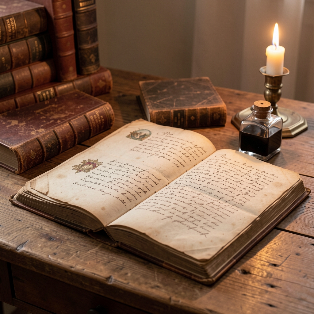 Alte historische Bücher und handgeschriebene Manuskriptseiten auf einem Holztisch, vergilbte Seiten, Tintenflasche daneben, warmes Kerzenlicht