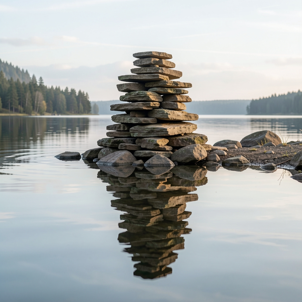 Steinturm aus flachen Felsen präzise aufeinandergestapelt am Ufer eines ruhigen Sees, Spiegelung im Wasser, minimalistisch und konzeptuell, natürliches Licht